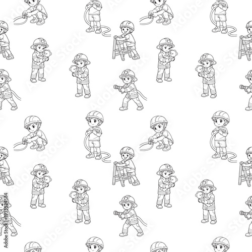 A seamless repeating pattern of children dressed as firefighters in pencil gray sketch style ideal for kids fabric and educational decor