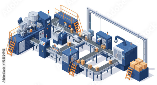 Automated Industrial Production Line with Conveyor Systems and Machinery.