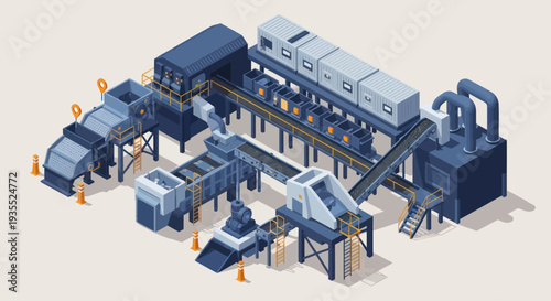 Automated Industrial Production Line with Conveyor Systems and Machinery.