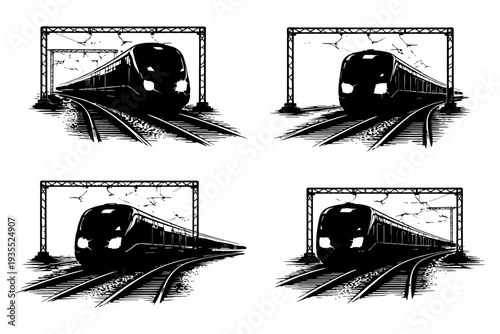 Monochrome electric trains on tracks passing under bridges.