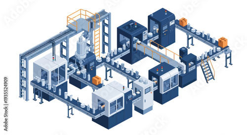 Automated Industrial Production Line with Robotic Arms and Conveyor Belts.
