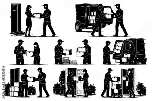 Silhouette of delivery workers handling packages with customers and vehicles.