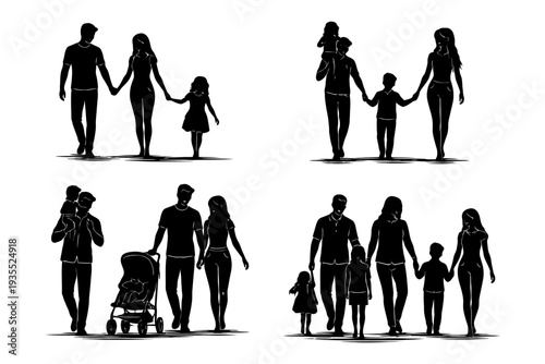 Silhouette family scenes: walking together and bonding moments.