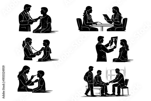 Doctor and patient consultations and examinations in various medical settings.