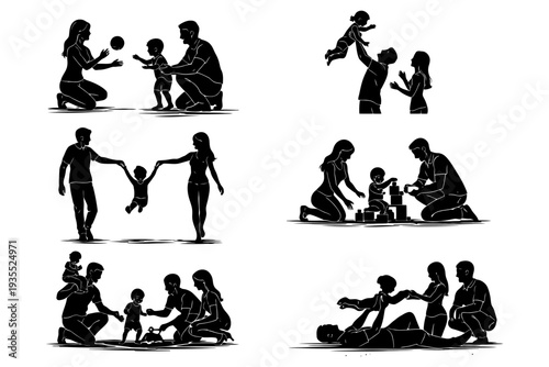Loving family moments with parents and children - silhouette collection.