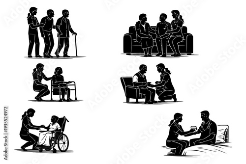 Silhouette scenes of elderly caregiving and support activities.
