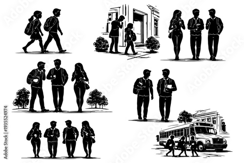 Silhouettes of students in various campus settings.