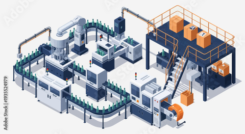 Automated Industrial Production Line with Robotic Arms and Conveyor System.