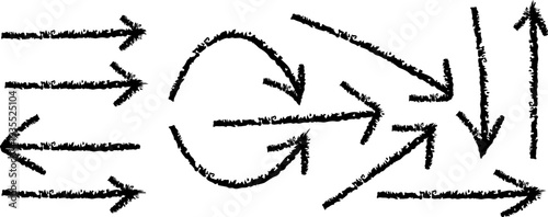 A complex network of arrows on a white background with various directions and lengths