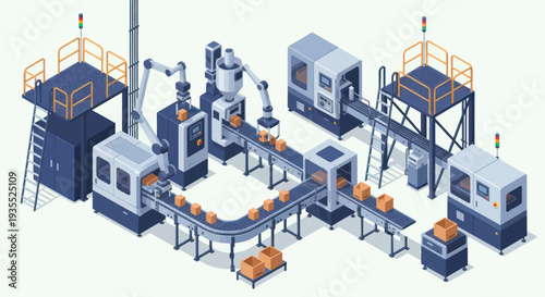 Automated Manufacturing Production Line with Robotic Arms and Conveyor System.