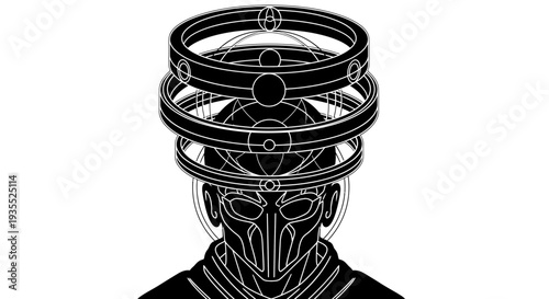 Futuristic Sci-Fi Character Helmet and Aura, Abstract Geometric Design