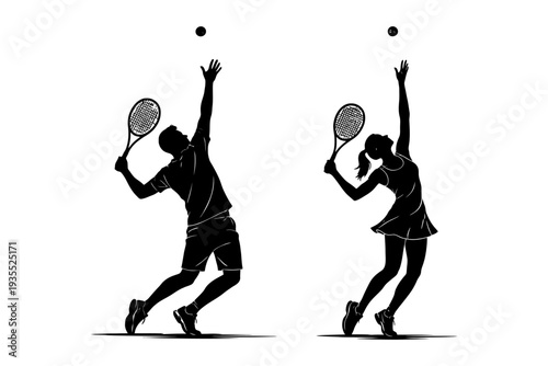 Silhouette of male and female tennis players serving on a court.