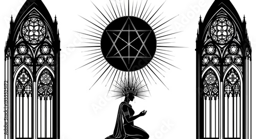 Mystic Ritual: Figure Praying Amidst Gothic Arches and Sacred Geometry