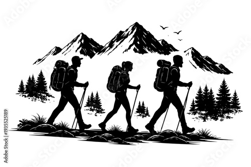 Silhouette of three adults hiking with backpacks in mountain landscape.