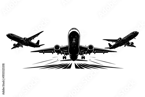 Three passenger planes taking off in artistic black and white silhouette design.