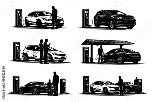 Silhouettes of diverse people charging electric vehicles at stations.