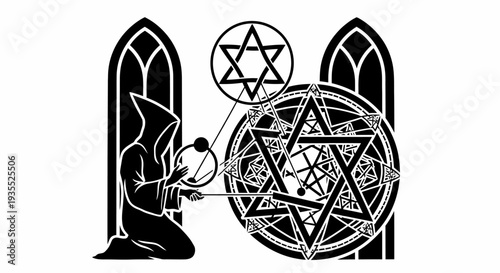 Mystic ritual, occult symbols, wizard, magic circle, star of david, gothic windows