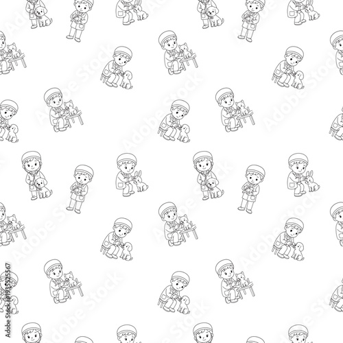 A seamless repeating pattern of children as veterinarians caring for pets in soft pencil sketch suitable for kids products and storybook backgrounds