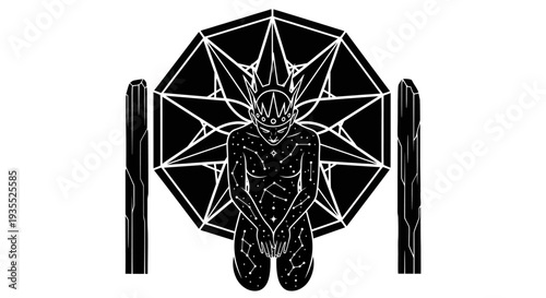 Mysterious Figure Kneeling Before Cosmic Star Symbol, Dark Occult Art