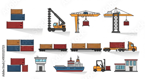 Shipping Port Logistics and Transportation Icons Set.