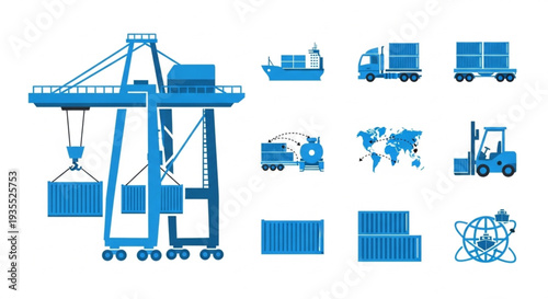 Shipping Port Logistics and Transportation Icons Set.