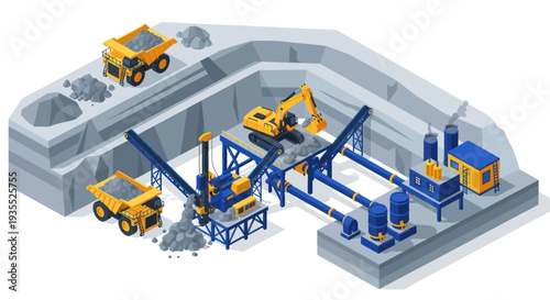 Construction site with heavy machinery and mining equipment.
