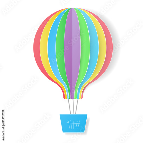 Air Balloon in Paper Cut style isolated on white background. Bright Hot Air Balloon with multicolored stripes. 3D Illustration for kids Birthday card party Design. Vector Papercut Element for Children