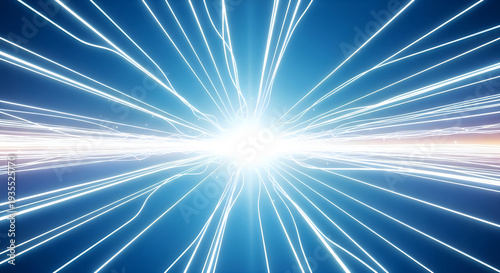Vibrant light trails radiate from bright core in blue background