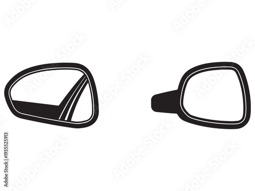 Car side rear view mirrors in black and white with one showing reflection and the other from back side