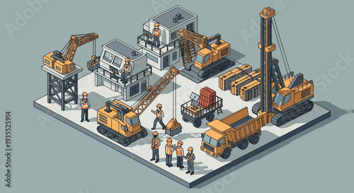 Construction Site with Heavy Machinery and Workers.