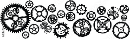 Mechanical gear and cogwheel collection featuring industrial steampunk clockwork elements, black silhouette machine parts set isolated on white background vector illustration
