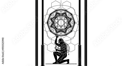 Man holding complex geometric mandala, symbolic concept of strength and knowledge