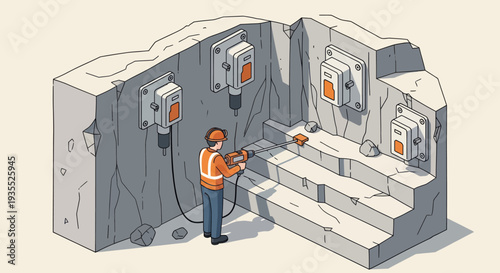 Construction worker drilling into a rock wall with power tools.