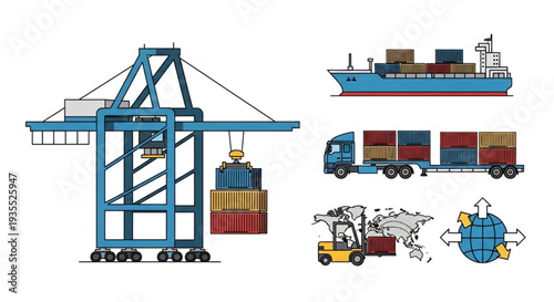 Shipping Port Logistics and Transportation Icons.