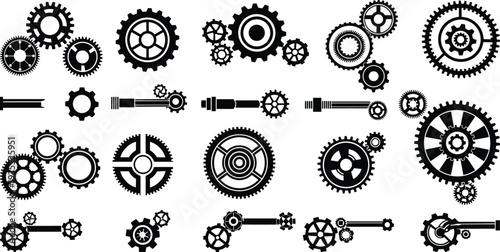 Mechanical gear and cogwheel icon set, industrial machine parts collection with steampunk style cogs for engineering, technology and factory design
