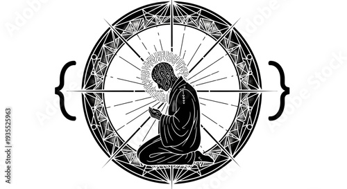 Silhouette of Monk Praying in Sacred Geometric Circle with Rays of Light