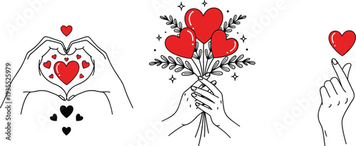 Minimalist line art hands forming heart shape, holding red heart bouquet, and finger heart gesture illustration isolated on white background for Valentine’s Day romance
