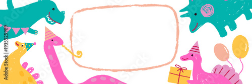 Cute dinosaur birthday frame with party hats, balloons and gifts. Hand drawn crayon style illustration with copy space in center. Perfect for kids invitation, greeting card or poster design.