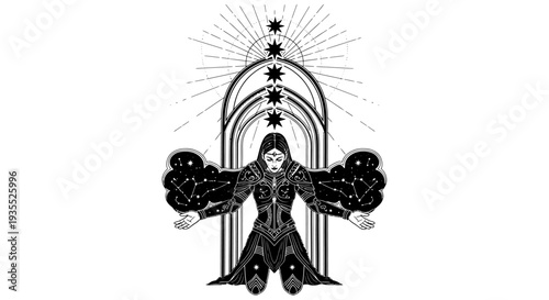 Mysterious Figure with Arched Gateway and Stars - Esoteric Occult Symbol