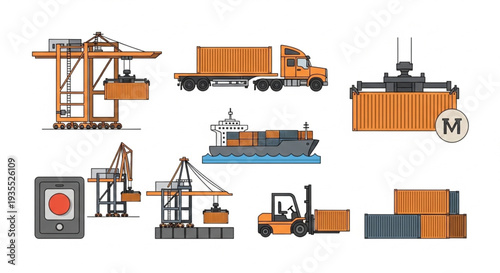 Shipping Port Logistics Cargo Transportation Icons Set.