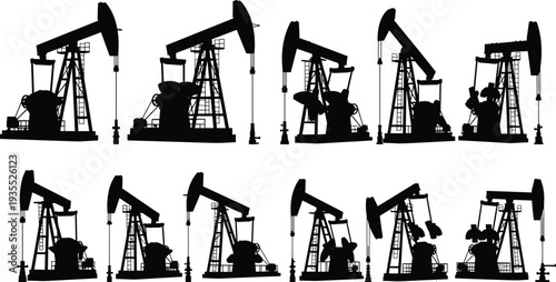 Oil pump jack silhouette set, petroleum extraction and drilling rig machinery collection for energy industry, industrial fuel production vector illustration