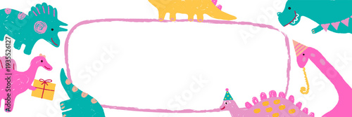 Cute dinosaur birthday frame with party hats, balloons and gifts. Hand drawn crayon style illustration with copy space in center. Perfect for kids invitation, greeting card or poster design.
