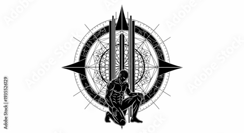 Mysterious Man Kneeling Before Sacred Geometry Compass Symbol