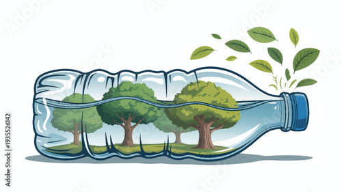 Environmental Protection of Nature with Trees and Water Inside a Recycled Plastic Bottle, Eco-Friendly Concept Illustration
