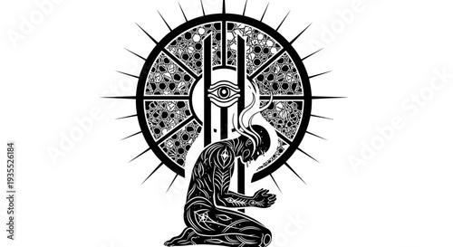 Mysterious Figure Kneeling Before Sacred Ornate Circle with Eye Symbol
