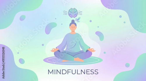 Mindfulness meditation concept with a person sitting in lotus position on a pastel background with brain waves