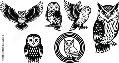 Owl illustrations and silhouettes collection isolated on white background, detailed black and white vector set featuring flying and perched owls, vintage wildlife design bundle.