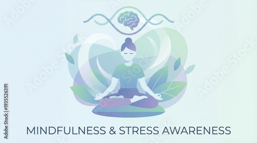 Mindfulness meditation concept with a serene person sitting in lotus position surrounded by leaves and a brain symbol