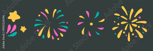 Colorful hand drawn fireworks set on dark background. Bright festive elements in crayon style for celebration, holiday, party design and greeting cards.