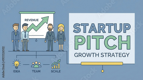 Flat vector illustration of business team presenting startup pitch with growth strategy and revenue graph on blue background